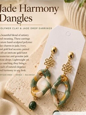 Jade Harmony Drop Earrings — Green & Gold Polymer Clay Dangles